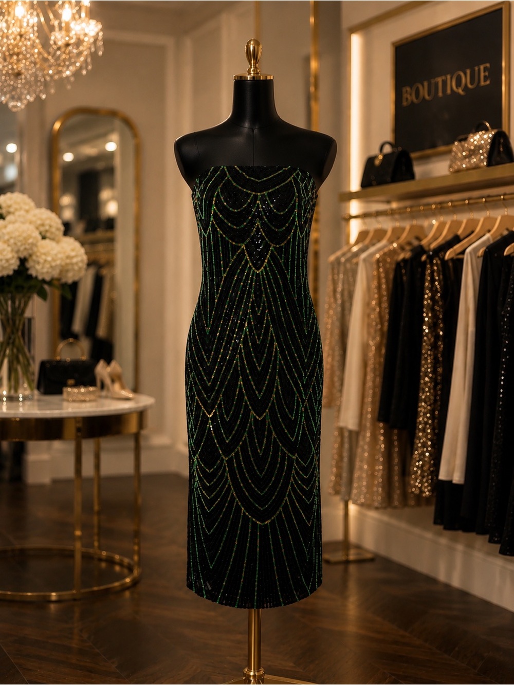 Stunning Black & Green Sequin Sheath Dress